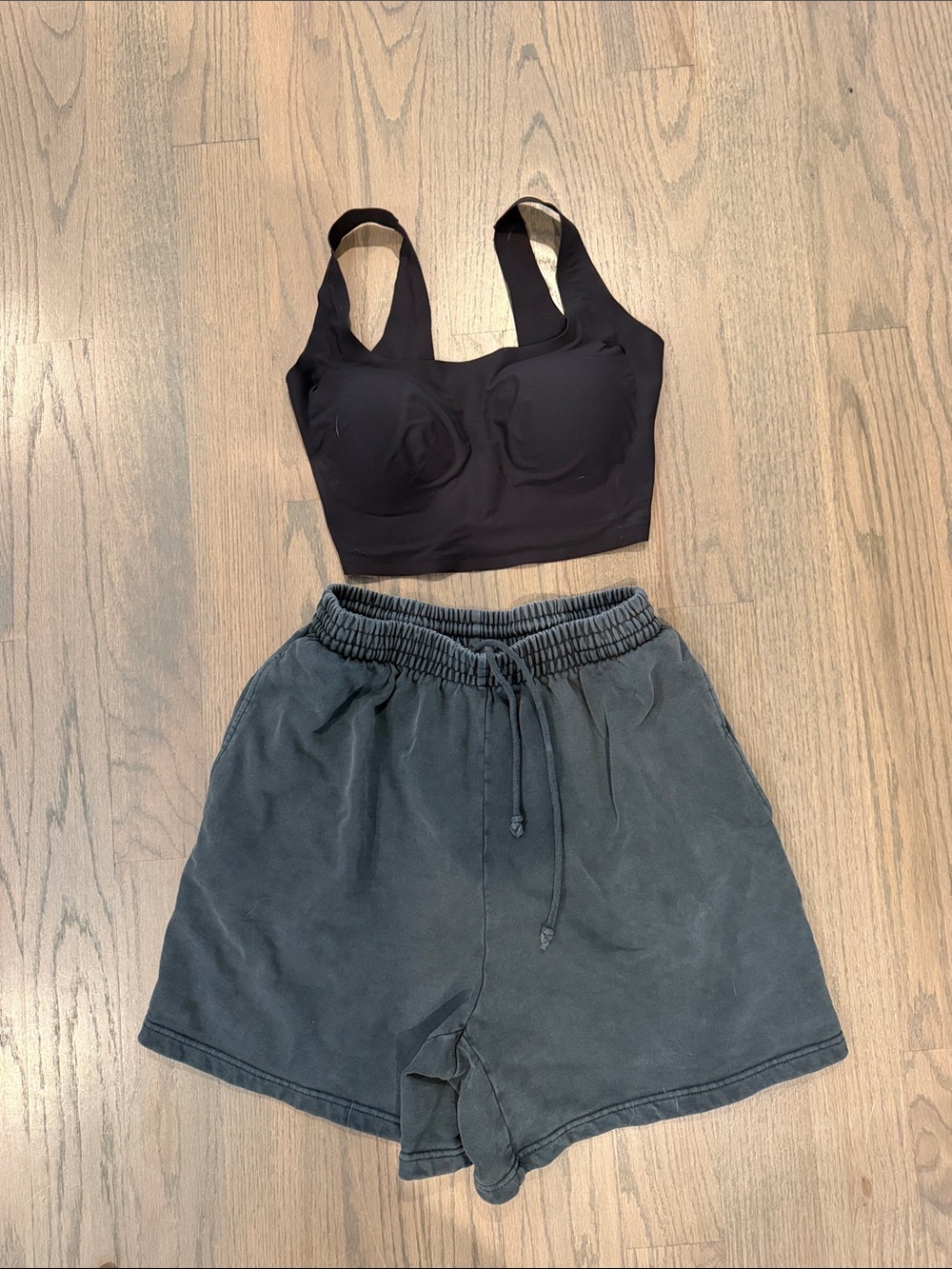 SKIMS Black Bralette with Charcoal Athletic Drawstring Shorts